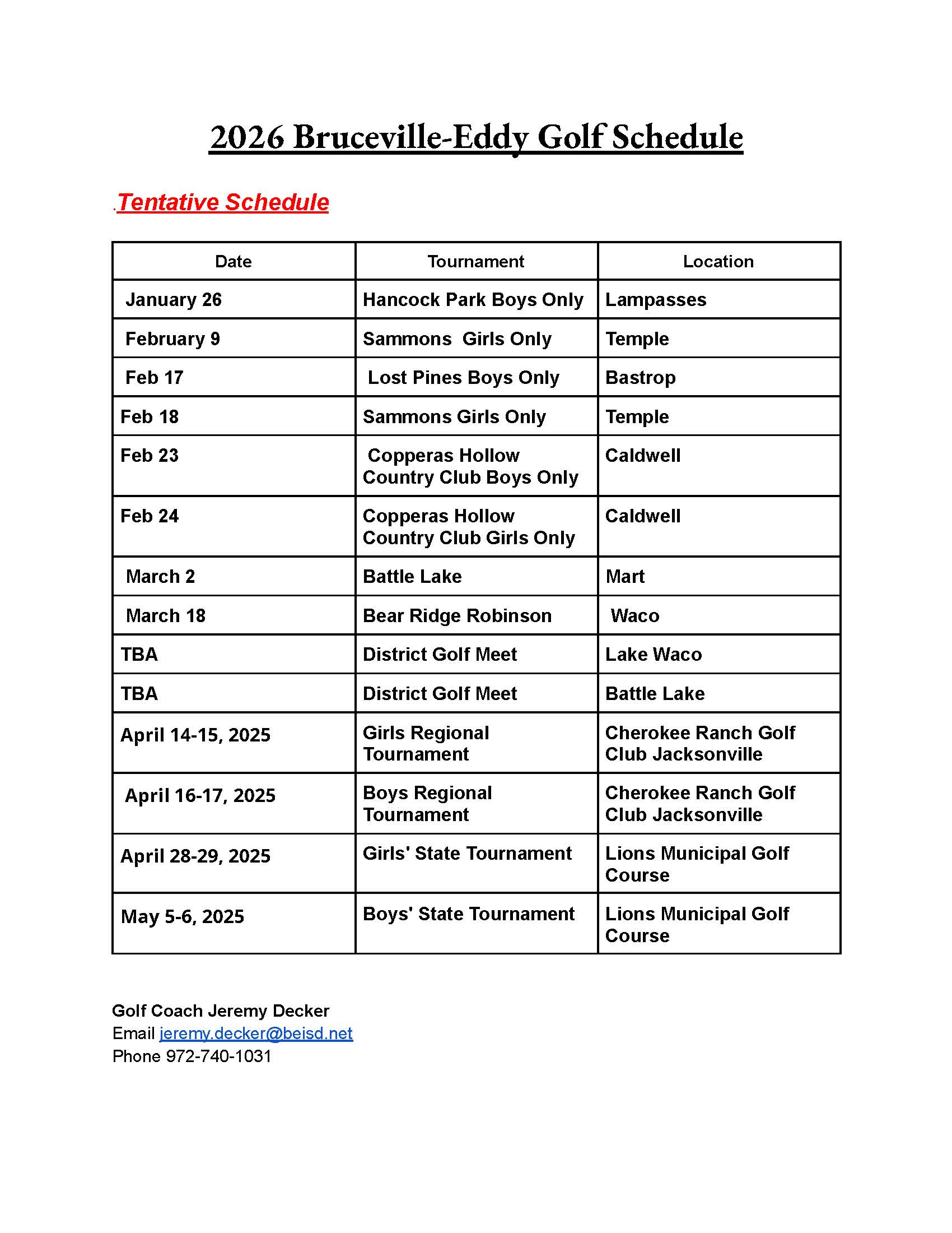 Tentative Golf Schedule